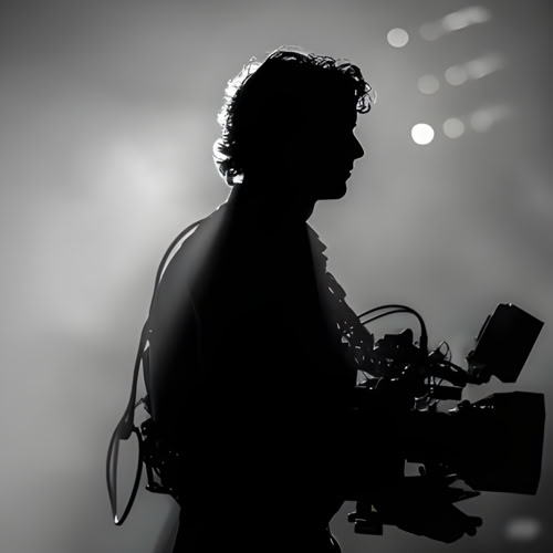 Silhouette of a person holding a professional video camera against a misty, backlit background.