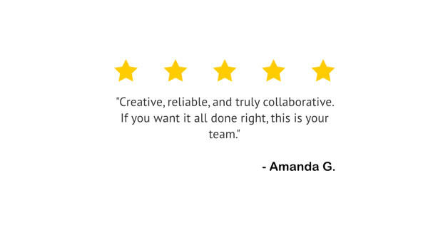Five yellow stars above a quote praising creativity and reliability, attributed to Amanda G.