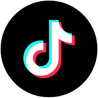 A white musical note with a red and blue shadow effect on a black circular background. TikTok Logo.