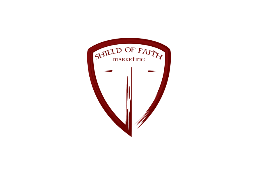A maroon shield-shaped logo with the text "Shield of Faith Ministries" at the top and a stylized cross in the center.