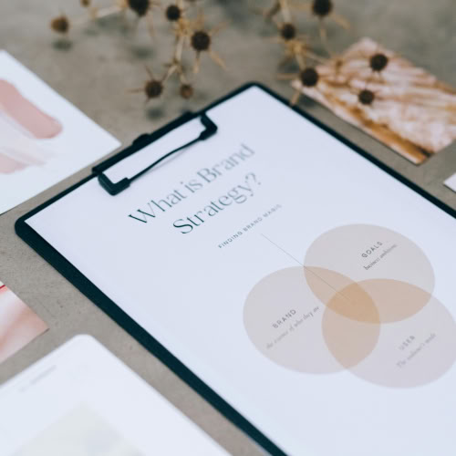 Clipboard with a Venn diagram and text, surrounded by various papers and dried flowers on a table.