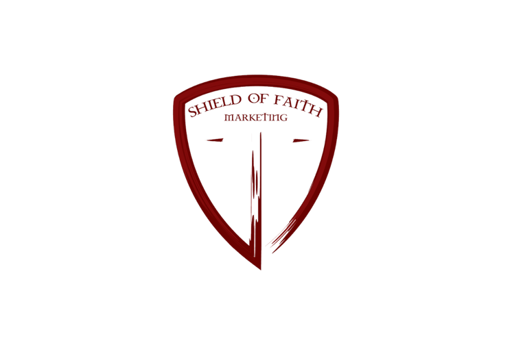 A maroon shield-shaped logo with the text "Shield of Faith Marketing" at the top and a stylized cross in the center.