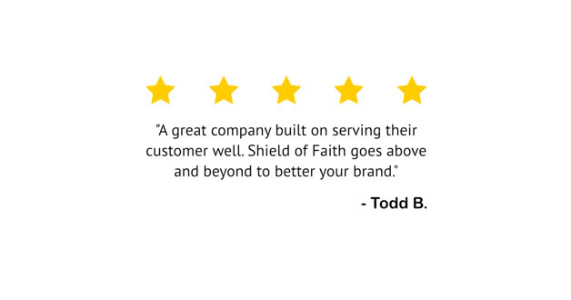 Five yellow stars above a quote praising a company for excellent customer service, attributed to "Todd B."