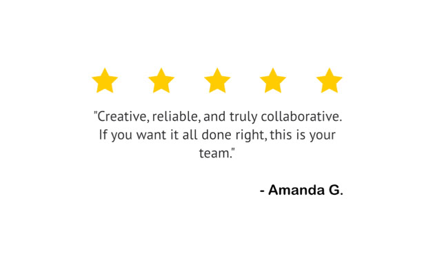 Five yellow stars above a quote praising creativity and reliability, attributed to Amanda G.